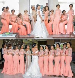 Coral Satin Mermaid Long Bridesmaid Dresses Sheer Neck Lace Three Quarter Sleeves Wedding Party Dresses BC1568