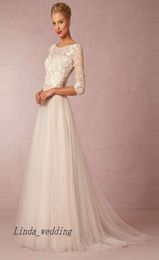 Elegant ALine Princess Scoop Tulle 34 Sleeves Applique Court Train Wedding Dresses Bridal Gowns8094739