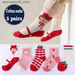 Kids Socks 5 pairs/batch of cotton childrens cartoon socks baby girls and boys socks cute floral strawberry patterns Q240413