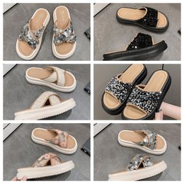 New top Luxury Thick soled cross strap cool slippers women black Exquisite sequin sponge cake sole one line trendy slippers