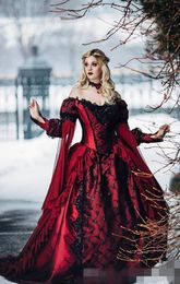 Gothic Burgundy Wedding Dresses Long Juliet Sleeves Black Lace Applique Sequins Ruffles Deep Off Shoulder Wedding Gown Custom Made9744462