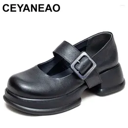 Dress Shoes Women Thick Heel Casual British Style Round Toe Slip-On Pumps Genuine Leather Shallow Platform Loafers