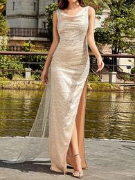 Casual Dresses Sexy Beige Sleeveless Pleated Sequin Maxi Dress Women Summer Swinging Collar Split Long Celebrity Evening Party Gown