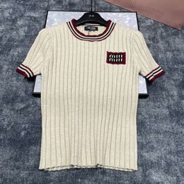 Women's Knits & Tees Mi24 Early Spring Team Style Jacquard Letter Colour Matching Pit Stripe Design Short Sleeved Slim Knit Top