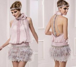 Vintage Great Gatsby Pink High Neck Short Cocktail Dresses With Feather Sparkly Beaded Backless Prom Party Occasion Gowns1520831