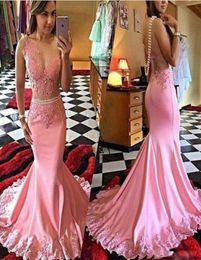 Charming Pink Mermaid Prom Dresses With Removable Pearls Belt 2017 Sheer Neck Lace Appliques Back See Through Evening Gowns Party 5289784