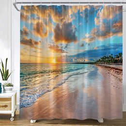 Dusk Beach Shower Curtains Island Sea Waves Coconut Trees Natural Ocean Landscape Home Wall Hanging Cloth Bathroom Curtain Decor