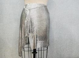 Skirts 2022 Sexy Club Silver Aluminum Sequin Metallic Asymmetric Metal Mesh Chainmail BirthdayParty Skirt4273872