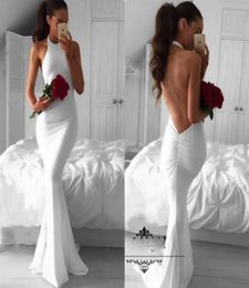 Sexy White Evening Dresses Long Mermaid 2017 Backless Simple Halter Cheap Arabic African Prom Dressess Plus Size Formal Party Gown2646729