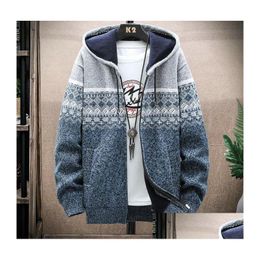 Men'S Sweaters Vintage Cardigan Sweater Coat Men Winter Autumn Harajuku Pattern Knitted Mens Casual Hooded Fleece Outerwear Drop Deli Dhlod