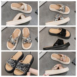 2024 Top Thick soled cross strap cool slippers women black Exquisite sequin sponge cake sole one line trendy slippers