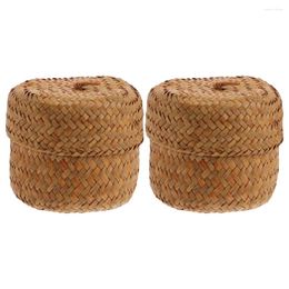 Vases Flower Box Woven Basket Hand-woven Desktop Storage Sundry Organiser Seagrass Round Containers Lids