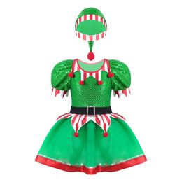 Girls Dresses Child Christmas Elf Cosplay Costume Ballet Tutu Shiny Sequin Mesh Leotard Dress Xmas Year Festival Performance Clothes D Dhaec