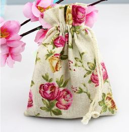 Rose Flower Linen Jewelry Gift Bag 9x12cm 10x15cm 13x17cm pack of 50 Birthday Party Wedding Drawstring Pouch sack9771242
