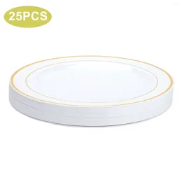 Disposable Dinnerware Wedding Inch 10.25inch Gold Dishes 26cm Kitchen Dinner White Plates Party 25pcs /10.25 Grade Rim 7.5 Plastic