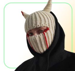 Cycling Caps Masks Halloween Funny Horns Knitted Hat Beanies Warm Full Face Cover Ski Mask Hat Windproof Balaclava Hat for Outdoor3889724