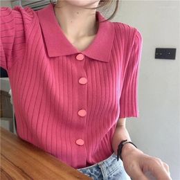 Women's Knits Polo Neck Knitted Cardigan Women Short Sleeve Kawaii Sweater T-shirt Single-breasted Korean Chic Y2k Tops Solid Clothing