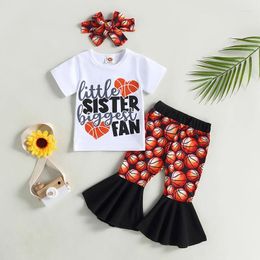 Clothing Sets Kids Girls Summer Outfits Short Sleeve T-shirt And Casual Basketball Plaid Print Flare Pants Headbands Set