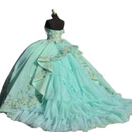 Saudi Arabic Mint Green Quinceanera Dresses Off Shoulder Lace Applique Corset Ball Skirt Vestido De 15 16 Anos Prom Party Gown
