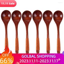 Spoons 6pcs Home Smooth For Soup Rice Honey Small Stirring Wooden Spoon Comfortable Handle Mixing Reusable With Khaki Wrapped Thread