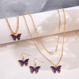 Necklace Earrings Set Fashion Butterfly Bracelet Jewellery For Women Girls Gold Colour Puple Oil Drip Chain Pendant Gift