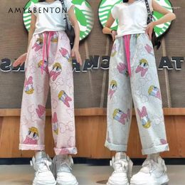 Women's Jeans Korean Style Plaid Cute Cartoon Floral Print Casual Jumpsuit Clothing Summer Thin Small Straight Cropped Pants Trousers