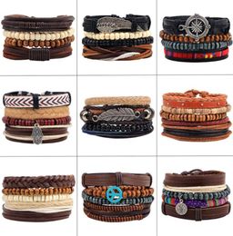 4pcsset Handmade Boho Gypsy Hippie Black Leather Rope Cord Wing Hand Leaves Compass Charm Stackable Wrap Bracelets for Man5731328