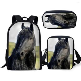 Backpack Handsome Black Horse 3pcs/Set 3D Print School Student Bookbag Travel Laptop Daypack Shoulder Bag Pencil Case
