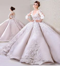 2018 New Arrival Elegant Long Sleeves Lace Appliques V Neckline Wedding Gowns Satin Applique Gown Bridal Dresses3175959