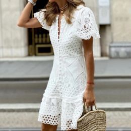 Dresses Basic Casual Dresses Women Clothing Lace V Neck Short Sleeve Wrap Hip Dress Fashion Embroidered Button Party Dress White Beach Min