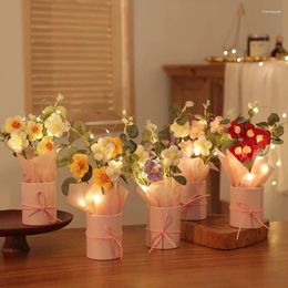 Decorative Flowers Crochet Bouquet Hand-knitted Puff Flower With Led Light Artificial Valentine's Day Wedding Guests Gifts