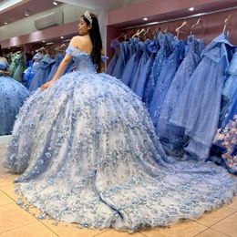 Sky Blue Quinceanera Dress 2024 Sparkling 3D Floral Flowers Applique Princess Ball Gown Sweet 15 Vestidos De XV Anos Party Gown