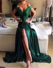 Emerald Green Evening Dresses 2019 Off the Shoulder Appliqued with Lace High Side Slit Long Backlss Prom Party Gowns9870163