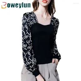 Women's T Shirts Boweylun French Square Neck Bubble Sleeve Long Top Women Printed Satin Patchwork Spring Tee