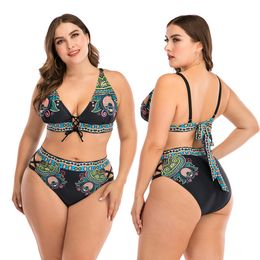 Large Size Bikini 2024 Women Two Piece Swimsuit Boho Vintage Lace Up Deep V-Neck Swimwear Hawaiian Seaside Beach Bathing Suit