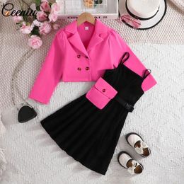 Girl Dresses Ceeniu Teenagers Kids For Girls Lapel Blazer Coat Waist Bag Belted Black Dress Children Clothing Girl's