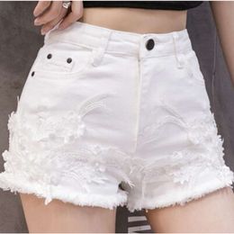 100% cotton white denim shorts womens heavy industrybead lace small flower wool casual pants hot girl