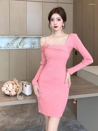Casual Dresses Fashion Y2K Ladies Knitted Stretchy Sweet Short Women Clothes Sweater Sexy Off-Shoulder Bodycon Mini Party Dress Vestido