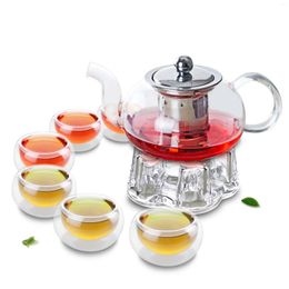 Teaware Sets 1x 8in1 Coffee Tea Set B-625ml Short Low Glass Pot W/Stainless Steel Filter Crystal Warmer 6 Double Wall Layer Cup