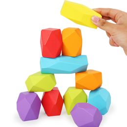 6 Pcs Wooden Stone Balancing Building Blocks Colourful Wood Stones Natural Rainbow Balancing Stacking Game Rock Blocks for Kids