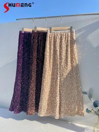 Skirts Fashion Spring Autumn Sequined Fishtail Women's High Waist Bulingbuling High-End Feminine Temperament Solid Colour Skirt