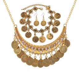 MOGAKU Retro Gold Colour Women Ethnic Earrings Necklace Sets Indian Style Coin Pendant Tassel Ladies Accessories Jewellery Gifts