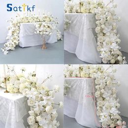 Decorative Flowers White Luxury Wedding Floral Runner Arrangement Banquet Event Table Centerpieces Ball With Candleholder Rose Orchid Flower