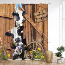 Farm Animal Shower Curtain Farmhouse Barn Funny Animal Cow Windmill Rustic Wooden Board Polyester Fabric Bathroom Decor Curtain