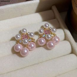 French Pink Pearl Zircon Tassel Earrings with Light Luxury and Advanced Design Immortal Style Silver Needle {category}