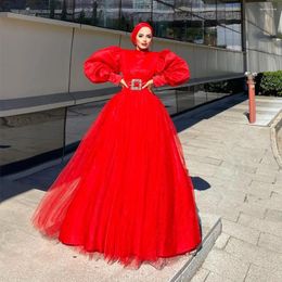 Party Dresses Sevintage Modest Red Prom Long Sleeves High-Neck A-Line Arabic Muslim Evening Dress Turkish Formal Gowns Abiye