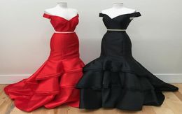 New Designer Popular Prom Dresses Two Piece Mermaid Off the Shoulder Sleeveless Evening Dress Tiered Satin Sweep Train Special Occ1154844