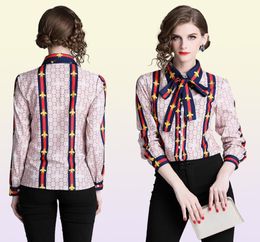 Camisa impressa feminina com arco de pescoço PLUS TAMANHO ELEGENTE DE MANAGEM LONGA BOTÃO BLOUSS BLOUSES CHAMISTAS DE ESCRITÓRIAS DE ESCRITÓRIAS