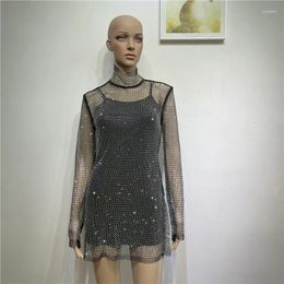 Casual Dresses Shiny Diamonds Beading Mesh Sheer Dress Lady Temperament Slim Turtleneck Long-Sleeved Sexy Party Club Mini Vestido