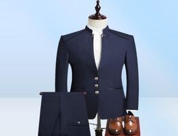2021 New Design Navy Blue Men Wedding Suits Stand Collar Slim Fit Groom Tuxedos Male Dress Prom Man Blazer 2 Pieces Set9558543
